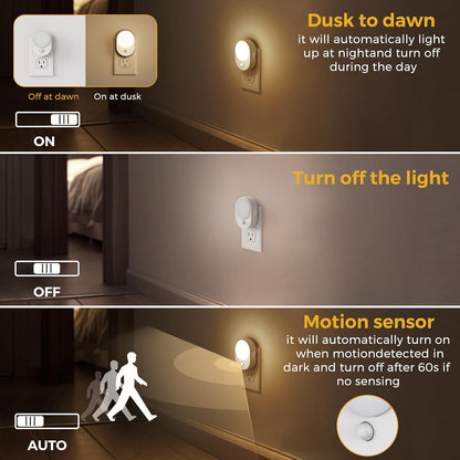 L LOHAS LED Plug in Night Light with Motion Sensor and Dusk to Dawn Sensor,[4-PACK] Night Lights Plug into Wall,3000K Soft White,30/60/100LM Dimmable Nightlight for Bathroom Hallway Kitchen