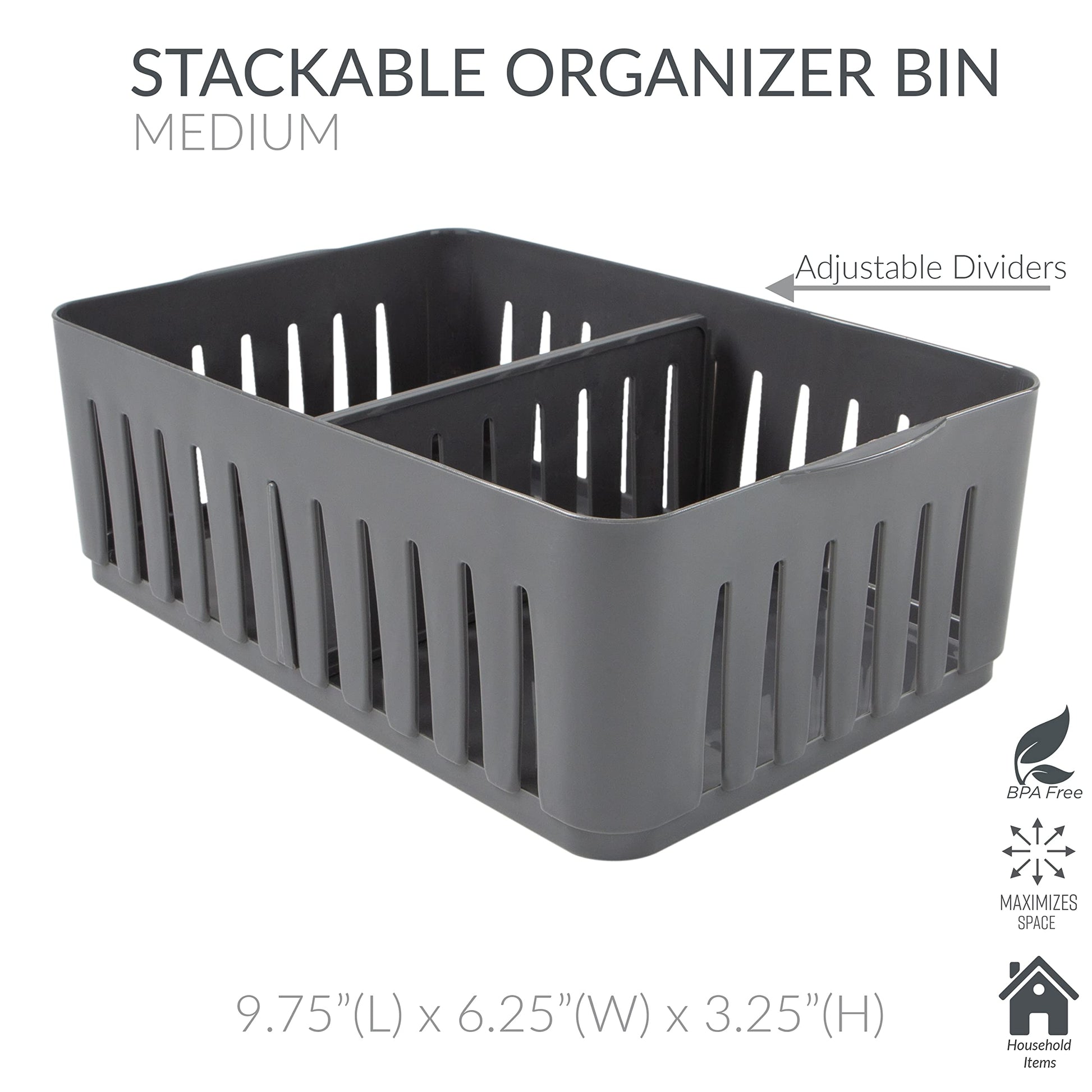 Simplify 4 Pack 3 Compartment Stackable Bin with Adjustable Dividers | Drawer Organizer | Storage