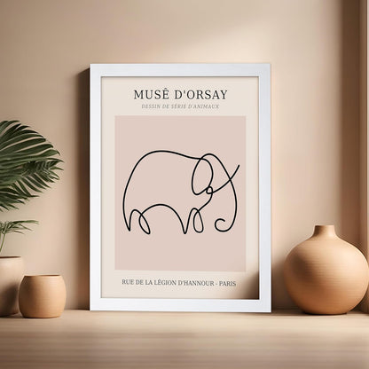 Poster Master Vintage Poster - Retro One Line Elephant Drawing Print - Elephant Art - Minimal Gift for Men, Women, Animal Lover - Abstract Wall Decor for Home, Office, 16x20 White Framed