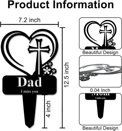 Dad Memorial Grave Stake, Cemetery Decorations for Grave Markers 12.5 x 7.2 inch Heart Metal Sympathy Stakes Graveside Plaque Decor Sign for Father Graves, Yard, Garden - Black-Dad
