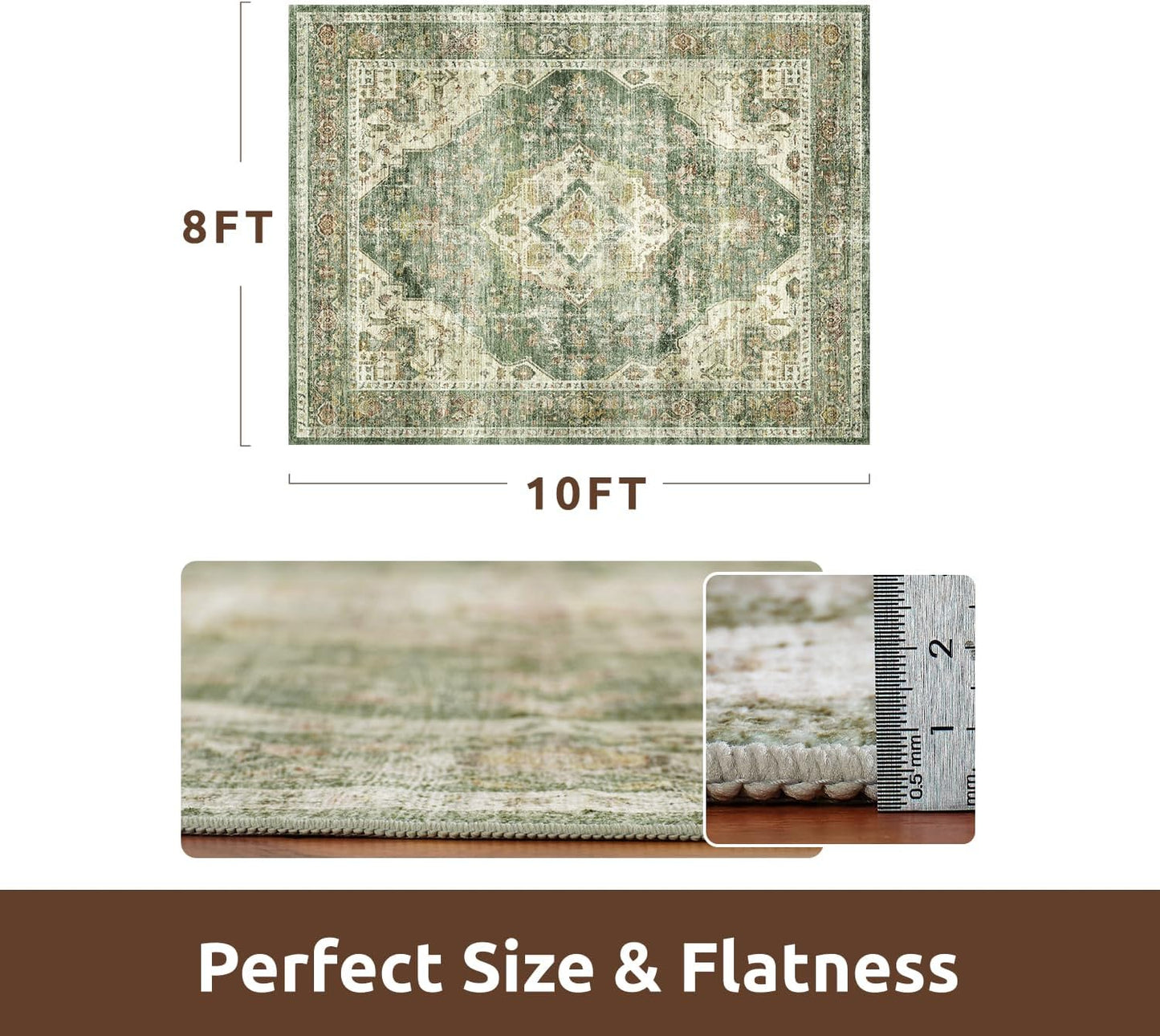 AMOAMI-Area Rug 8X10 Rugs for Living Room-Vintage Soft Green Rugs for Bedroom-Non Slip Carpet-Washable Rug for Dining Room Living Room Bedroom Office Under Table