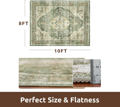 AMOAMI-Area Rug 8X10 Rugs for Living Room-Vintage Soft Green Rugs for Bedroom-Non Slip Carpet-Washable Rug for Dining Room Living Room Bedroom Office Under Table