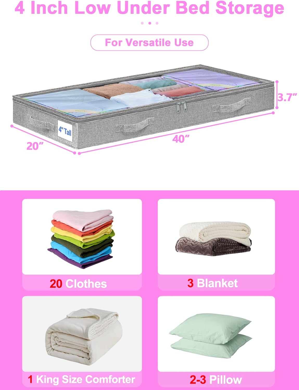 punemi 4pcs Under Bed Storage Containers, Below 4 Inches Tall Low Profile Underbed Storage, NO STRUCTURE, Soft Foldable Underbed Cloth Storage Bags, Zipper Blanket Storage Container, 20x40x3.7in