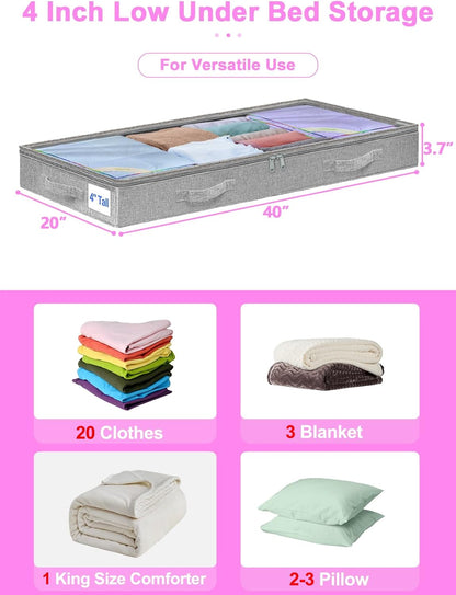 punemi 4pcs Under Bed Storage Containers, Below 4 Inches Tall Low Profile Underbed Storage, NO STRUCTURE, Soft Foldable Underbed Cloth Storage Bags, Zipper Blanket Storage Container, 20x40x3.7in