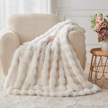 Lotus Karen Faux Fur Throw Blanket Cream White - Big Bubble Rabbit Fluff Blanket for Couch, Small Fluffy Fuzzy Cozy Blanket, Thick Furry Plush Shaggy Blankets, 50x60 Inches