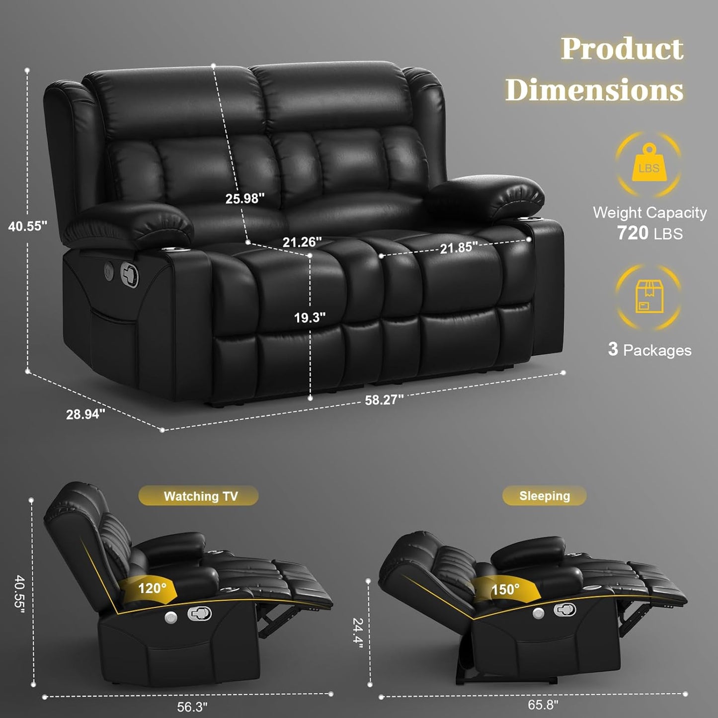 Loveseat Recliner Sofa Set with 2+1 Pieces, 2 Seater Minimalist Style Manual Pull Tab Reclining Loveseat with USB Charge Ports, Cup Holders, Recliner Couches for Living Room, RV, Black