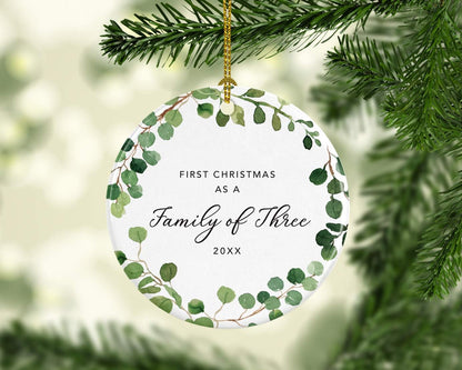 Andaz Press Custom Year Round Ceramic Porcelain Christmas Tree Ornament Keepsake Collectible Gift, First Christmas as a Family of Three 2025, Farmhouse Eucalyptus Wreath, 1-PackNew