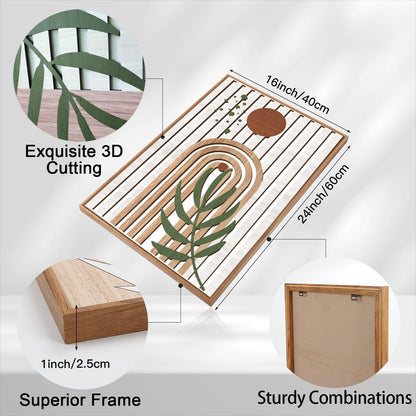 Large Boho Mid Century Wood Wall Art Set Modern Bohemian Wooden Wall Decor Minimalist Leaf Art Decor Abstract Geometric Wall Sculptures for Living Room Bedroom Office-16x24Inchx3