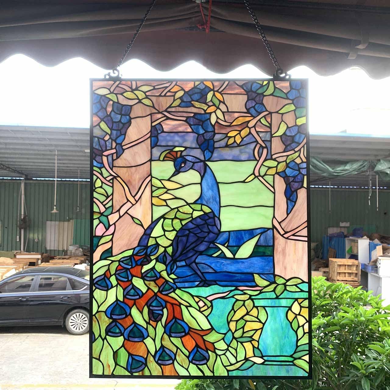 Bieye W10095 Peacock in Garden Tiffany Style Stained Glass Window Panel for Home Decor (Blue, 17.5Wx23.75H Rectangular)