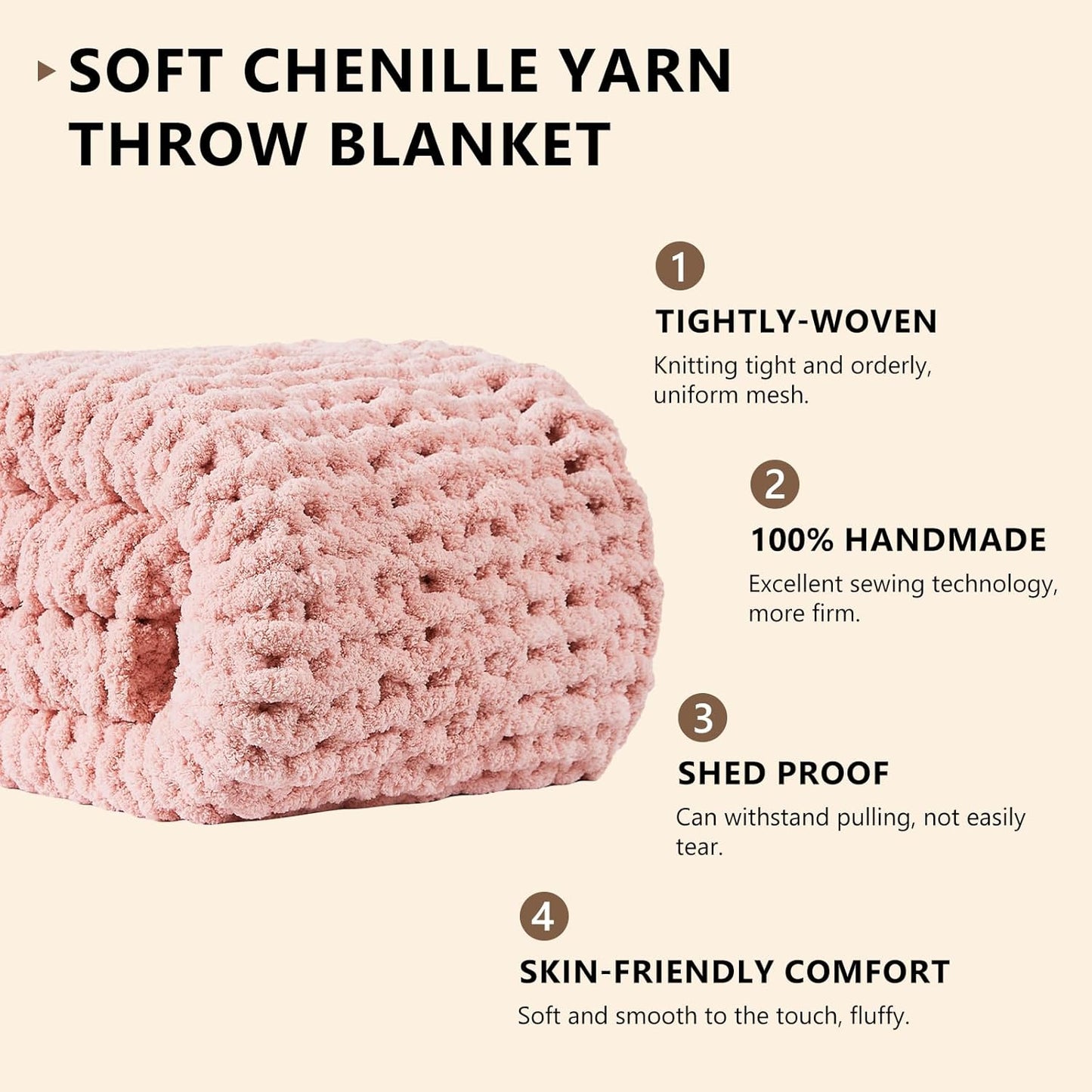L'AGRATY Chunky Knit Blanket Throw: 80''x90'' Chenille Chunky Knitted Throw Blanket for Bed Couch - Handmade Thick Big Cable Knit Blanket - Large Chunky Crochet Rope Blanket for Home Decor(Pink)
