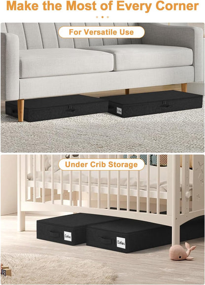 punemi Shallow Under bed Storage Container Bags, Low Profile Underbed Zipper Storage Bins W/Sturdy Side & Bottom Support,Fabric Thin Storage Drawer For College Dorm,33.5 x 15.8 x 4.5inch Black,4 Pack