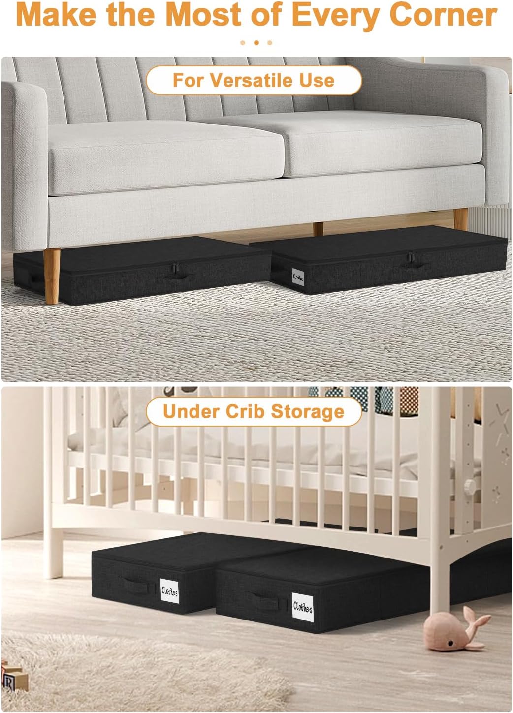 punemi Under Bed Storage Containers, 4.5 Inches Tall Low Profile Underbed Clothes Storage Organizer Bin with Sturdy Side & Bottom, Use as Shallow Dorm Storage Under Bed, Flat Clothes Organizer, Black