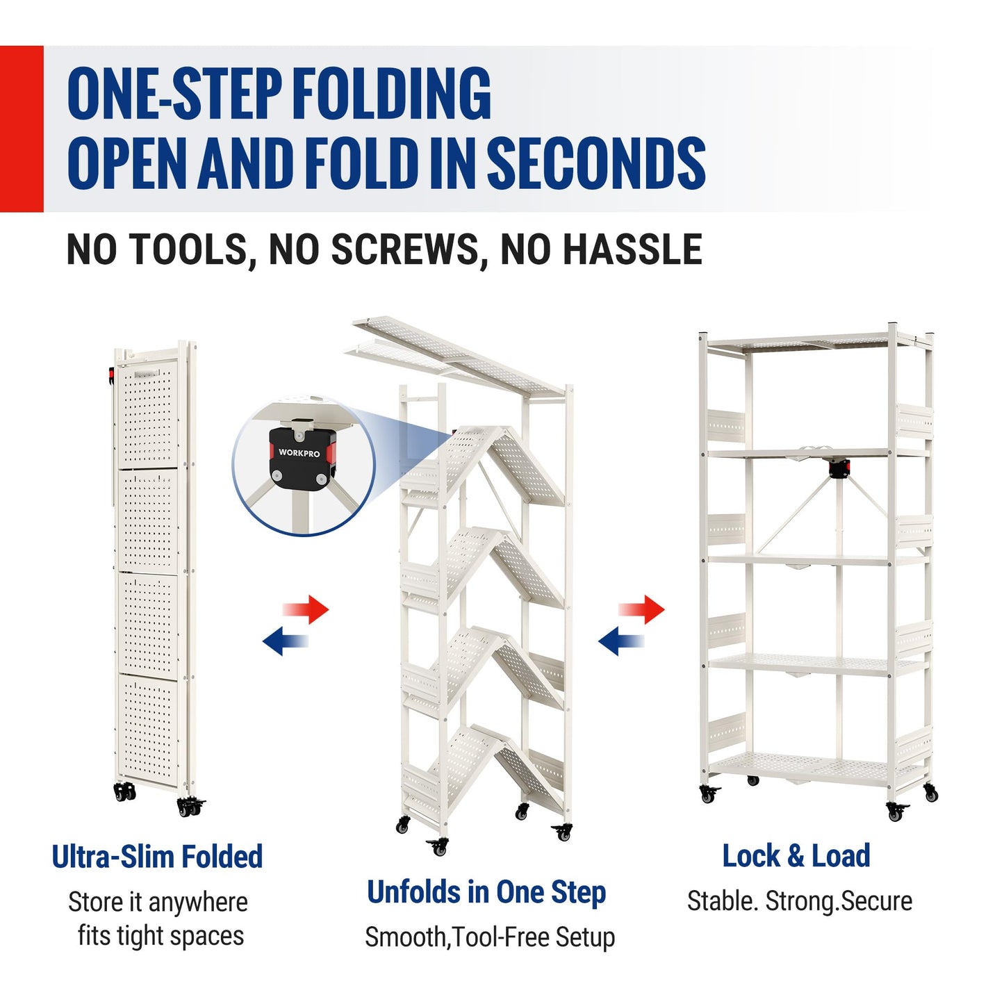 WORKPRO 5-Tier Folding Shelf, No-Assembly Metal Storage Rack with Wheels, 750 lbs Capacity (with