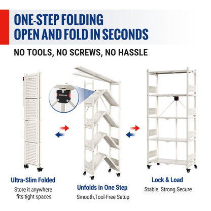 WORKPRO 5-Tier Folding Shelf, No-Assembly Metal Storage Rack with Wheels, 750 lbs Capacity (with
