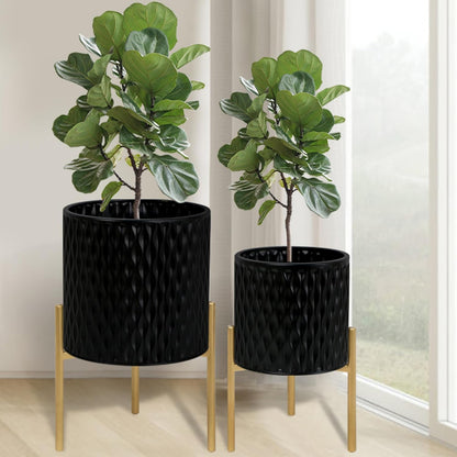 ARNIS Plants Pots with Stand, Set of 2 Planters, Unique Mid Century Decorative Metal Flower Pots with Drainage, 8.25 & 10.5 Inch, Black