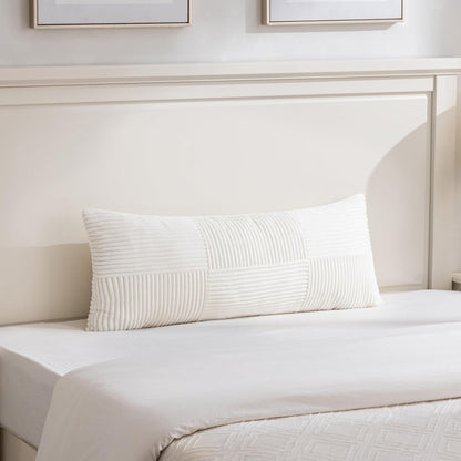 Fancy Homi Set of 2 Cream White Boho Long Lumbar Body Decorative Throw Pillow Cover 14x36 Inch for Bed Couch Bedroom Bench, Soft Patchwork Corduroy Textured Pillow Case, Rustic Farmhouse Room Décor