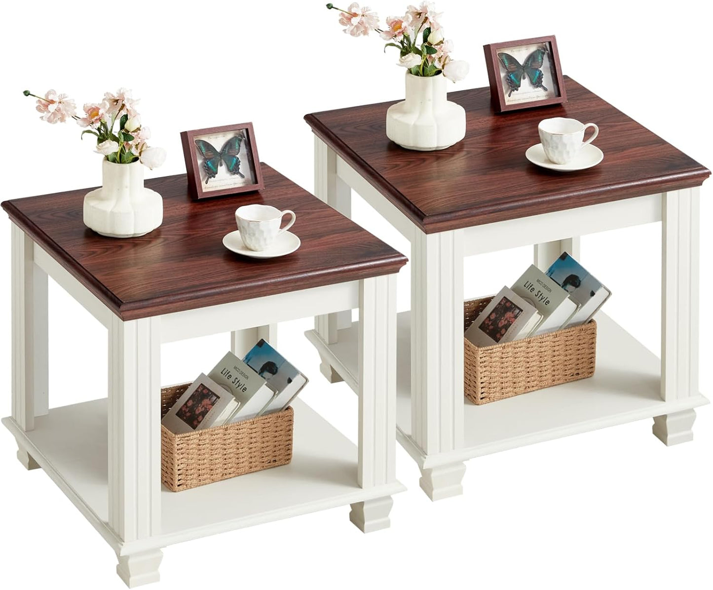 Farmhouse End Table Set of 2,Large Side Table with 2-Tier Storage Shelf,Rustic Wood End Tables for Living Room,Square Tea Table,White