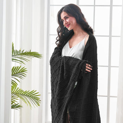 inhand Knitted Throw Blankets for Couch and Bed, Soft Cozy Knit Blanket with Tassel, Black Lightweight Decorative Blankets and Throws, Farmhouse Warm Woven Blanket for Men and Women, 60"x80"
