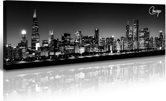 Office Wall Decor Black and White Wall Art Chicago Skyline Pictures for Living Room Modern Large Canvas Print Artwork Stretched and Framed 13.8"X47.3"