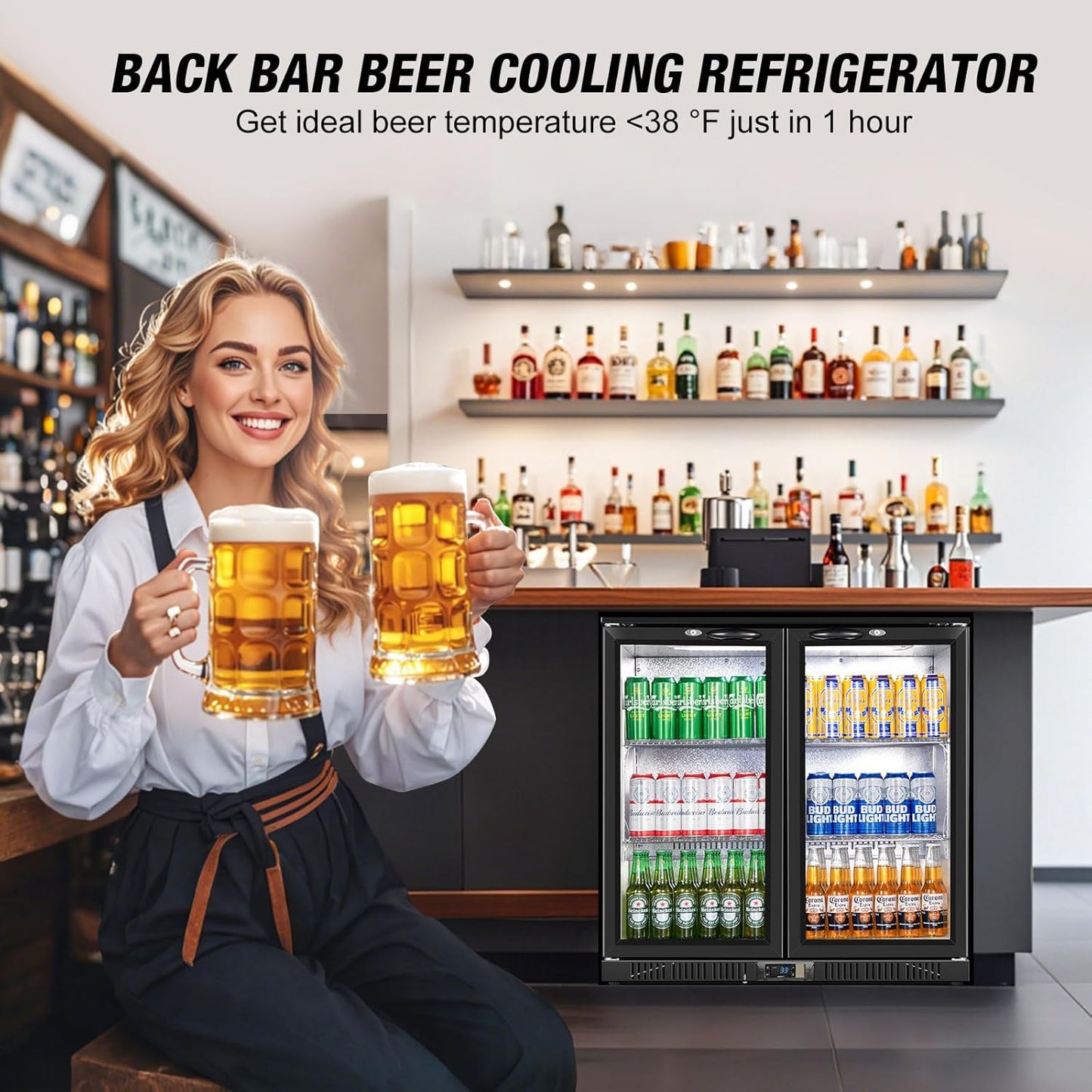 Beverage Refrigerator Under Counter, Back Bar Cooler with 2 Glass Door, Commercial Display Fridge 35.42 Inch Wide 7.4 Cu.Ft, Drink Fridge for Beer Soda Wine, Beverage Cooler for Kitchen Shop Bar