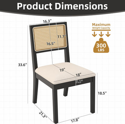 Westice Rattan Dining Chairs Set of 6, Farmhouse Natural Dining Room Chairs with Upholstered Cushion, Wood Armless Chairs for Kitchen/Restaurant, Black