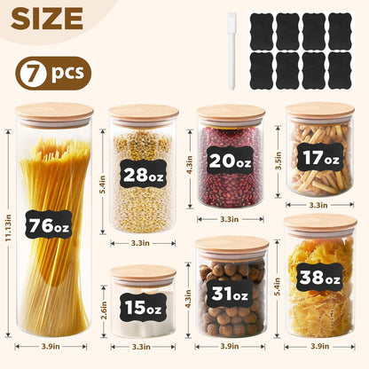Glass Food Storage Jars, Glass Jars with Bamboo Lids, Kitchen Storage Jars, Canisters with Airtight Lids for Spice, Coffee, Cookie, Set of 7, Pantry Organizers