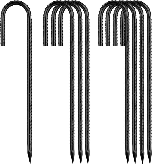 Rebar-Stakes-12-Inch, Ground Stakes Heavy Duty J-Hook Black Coated Anti-Rust Heavy Duty Ground