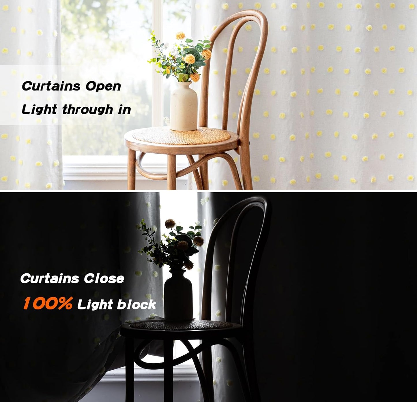 MYSKY HOME 100% Blackout Curtains for Nursery Thermal Insulated Yellow Pom Pom Curtains 63 Inch Length for Girls Bedroom 2 Panels Grommet White Sheer Curtains for Kitchen Dining Room, 52W x 63L