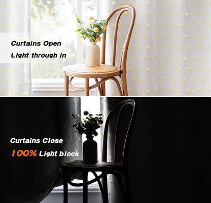 MYSKY HOME 100% Blackout Curtains for Nursery Thermal Insulated Yellow Pom Pom Curtains 63 Inch Length for Girls Bedroom 2 Panels Grommet White Sheer Curtains for Kitchen Dining Room, 52W x 63L