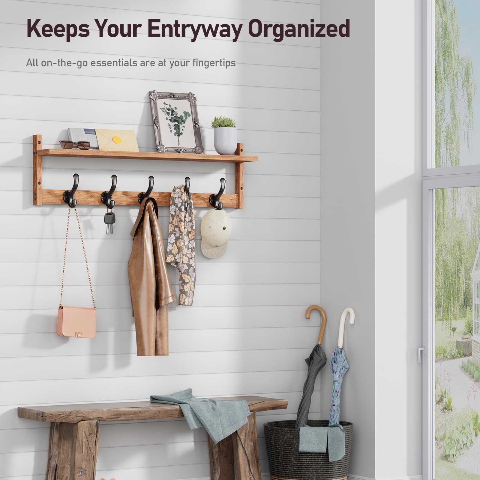 Tatub 29'' Coat Rack Wall Mount with Shelf, Wood Wall Hooks with Storage, Entryway Shelf with 5