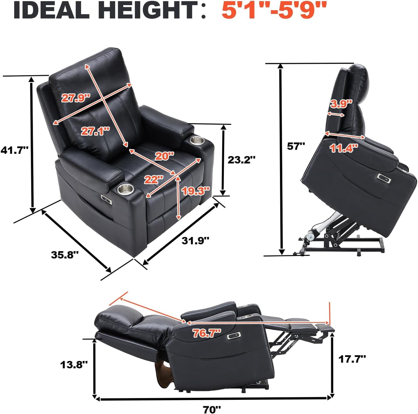 Triple Motor Power Lift Recliner Chair with Adjustable Lumbar Support, Lay Flat Recliner for Elderly, Breathable Black Lift Chair Leather Recliner, Massage & Heating, USB Ports, Cup Holders