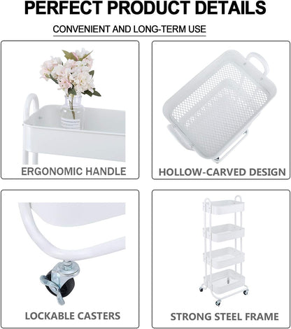 Melody House 4-Tier Metal Mesh Utility Rolling Cart Storage Organizer Shelf Rack with Lockable Wheels for Living Room Kitchen Office, White