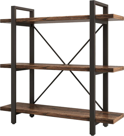 3 Tier Bookshelf Modern Rustic Open Bookshelf Office Solid Wood Bookcase and Book Shelves Wood and Metal Shelving Unit,Distressed Brown (AY-02-3Tier)