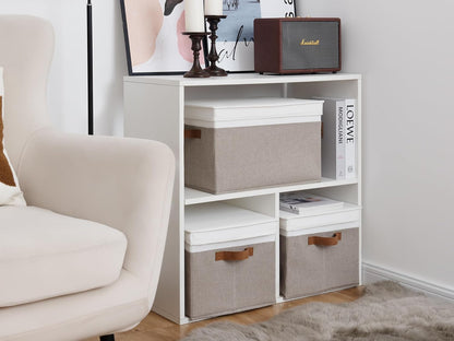 StorageWorks Storage Bins with Lids, Decorative Storage Boxes with Lid and PU Handles, Foldable Storage Baskets for Closet, Shelves, Stackable, Brown and White, Jumbo, 3-Pack