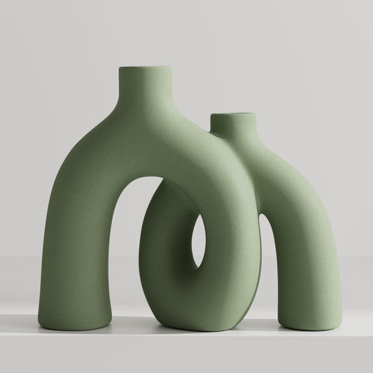 Hug Donut Decorative Vase Set - Sage Green Modern Nordic Boho Style Vases Home Decor,Matte Ceramic Decorations for Living Room Shelf, Bookshelf Mantle Entryway Table or Console Décor(Green)
