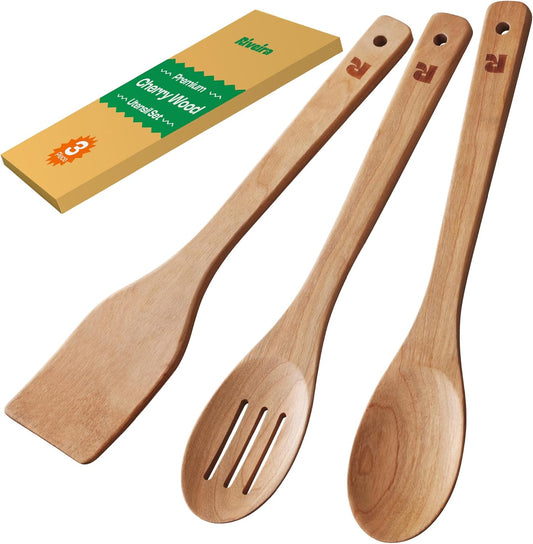 Riveira Cherry Wooden Spoons for Cooking Set of 3 – Natural Cherry Wooden Cooking Utensils, Wooden