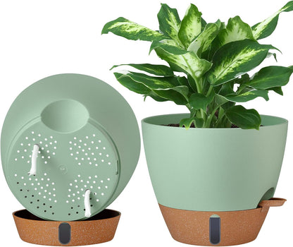 montresor 2 Pack 8 inch Plant Pots, PP Plastic Self Watering Plant Pot with Drainage and Tray for Indoor Outdoor Plants, Water Level Window & Reservoir Flower Pots Decorative Planter (Green)