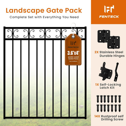 Garden Fence Gate, 3.5' W x 4' H, Decorative Black Wrought Iron Outdoor Gate for Front Yard, Backyard & Patio, Elegant Design with Stainless Steel Hinges & Self-Locking Latch