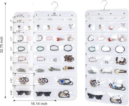 Freegrace Hanging Jewelry Organizer Revolving Hanger - Secure Zipper Closure - 50 Pockets - Foldable Storage & Display Solution - For All Jewelry & Bijoux (White)