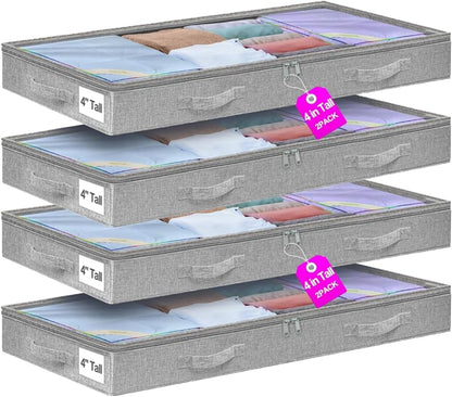punemi 4pcs Under Bed Storage Containers, Below 4 Inches Tall Low Profile Underbed Storage, NO STRUCTURE, Soft Foldable Underbed Cloth Storage Bags, Zipper Blanket Storage Container, 20x40x3.7in