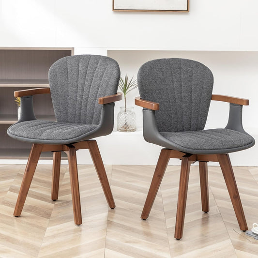 LUNLING Swivel Dining Chairs Set of 2, Mid Century Modern Gray Fabric+Faux Leather Kitchen Chairs