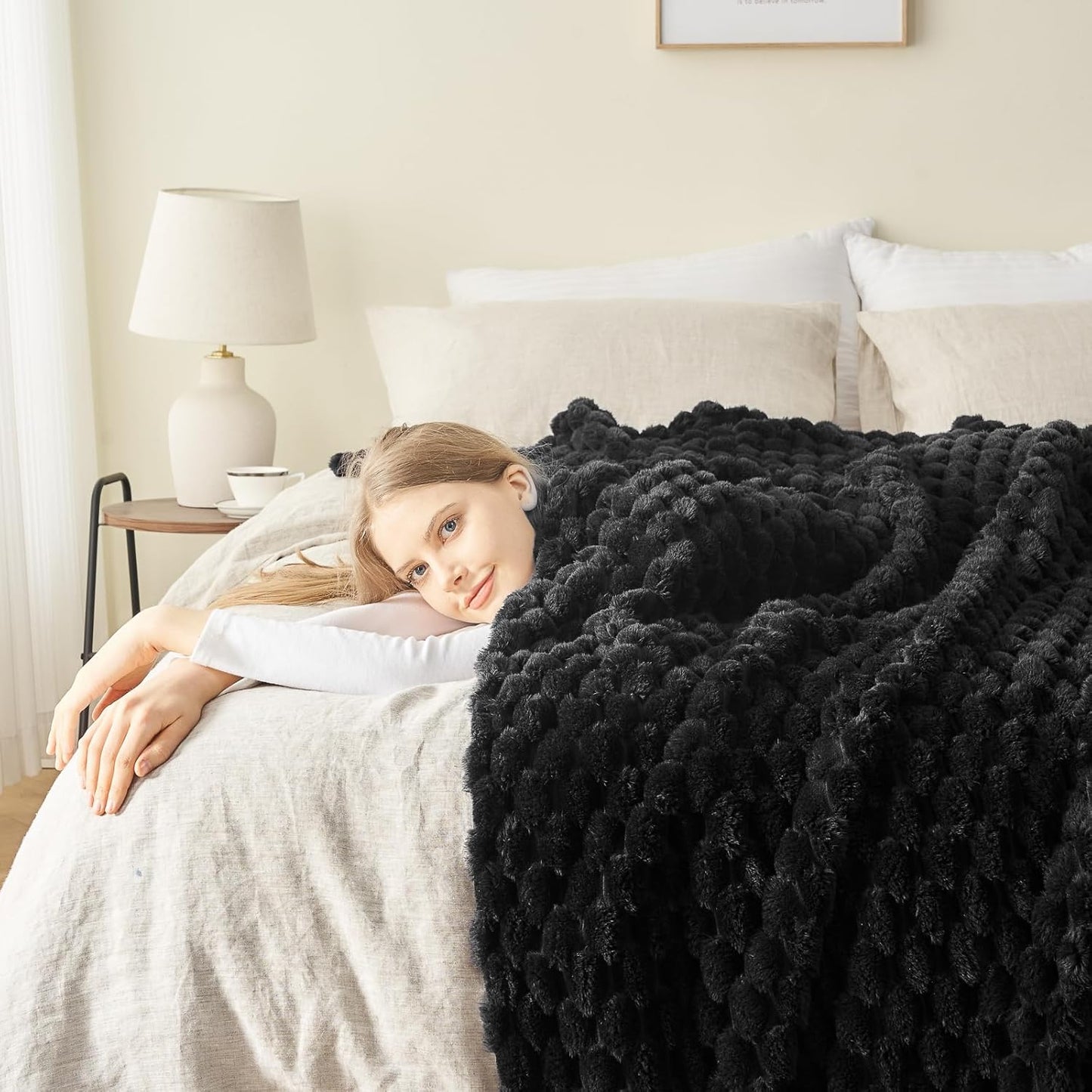 NEWCOSPLAY Super Soft Throw Blanket Black Premium Silky Flannel Fleece 3D Clouds Stylish Jacquard Lightweight Bed Blanket All Season Use 350GSM (Black, Throw(50"x60"))