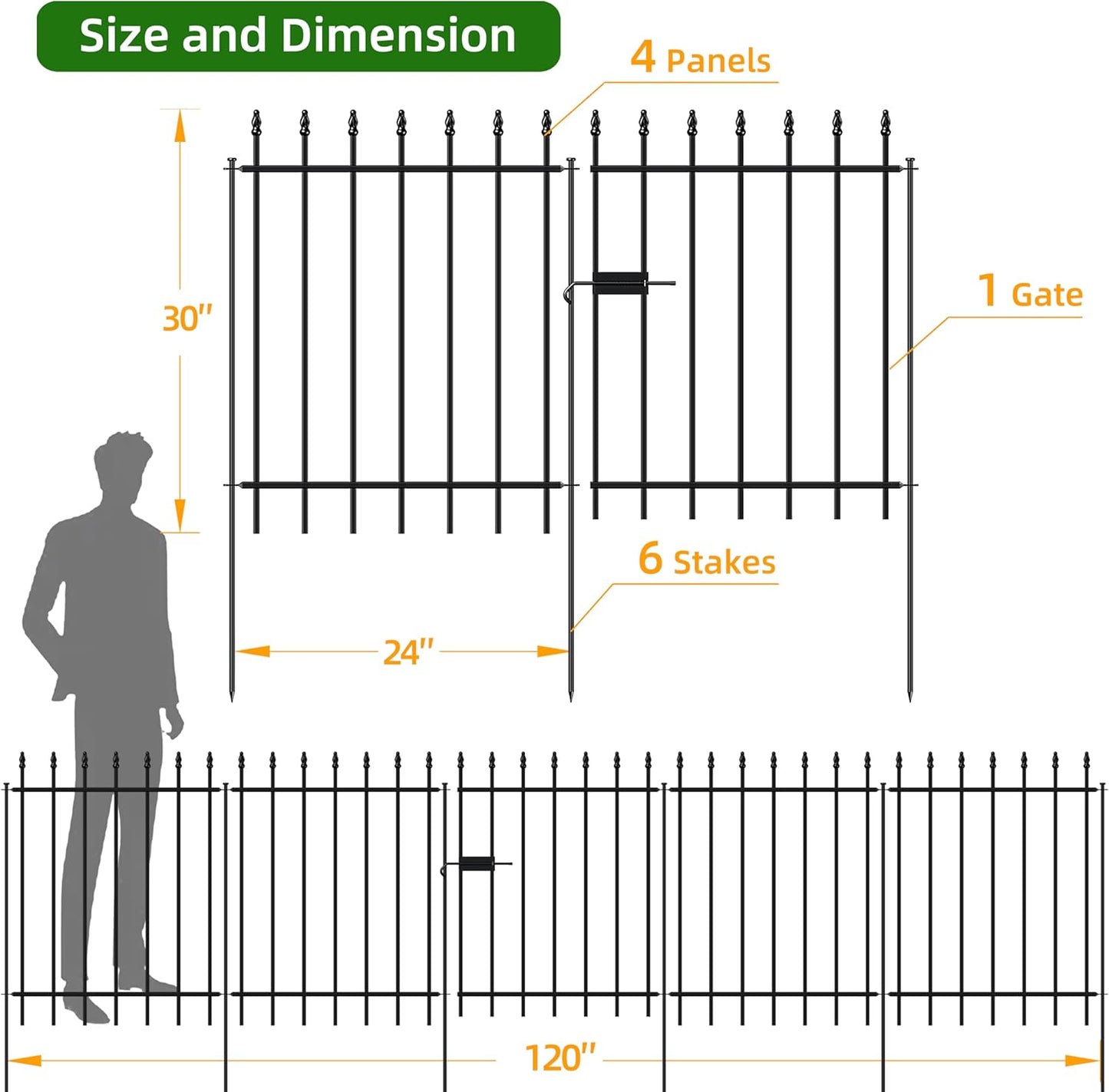 Metal Garden Fence with Gate 30 in H x 10 ft L, 1 Gate + 4 Panels Border Fence Panels Animal Barrier for Dogs, No Dig Garden Fencing for Yard Patio Flower Bed Lawn Outdoor, Black
