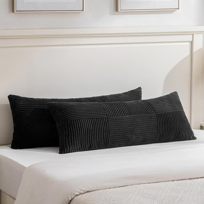 Fancy Homi Set of 2 Black Boho Long Lumbar Body Decorative Throw Pillow Cover 14x36 Inch for Bed Couch Bedroom Bench, Soft Patchwork Corduroy Textured Pillow Case, Rustic Farmhouse Room Décor