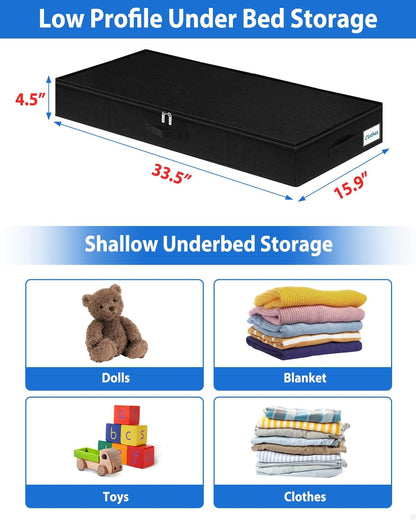 Under Bed Storage Containers, Low Profile Underbed Zipper Storage Bin 4.5 Inches Tall, Shallow Under Bed Storage with Sturdy Side & Bottom Support, Linen Storage with Lid for Sofa and Dorm, 4Pcs Black