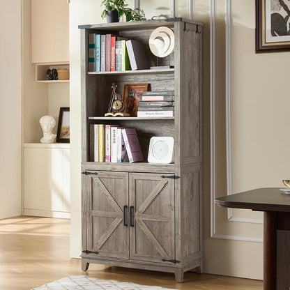 5 Tier Bookshelf 70in Tall Bookcase with Barn Doors and Storage Cabinet, Grey Farmhouse Book Shelf with Adjustable Shelves, Wood Freestanding Display Bookshelves for Bedroom, Kitchen (3PCS)