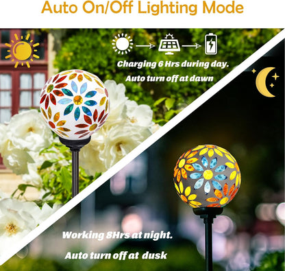 Afirst Solar Lights Outdoor Decorative - Solar Gazing Ball Mosaic Garden Stakes Flower Decorative Lights Waterproof for Pathway Yard Lawn Decoration Yellow