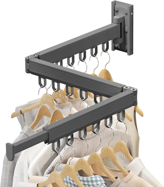 Wall Mounted Clothes Drying Rack - Foldable, Retractable Laundry Hanger with Grey-Rings