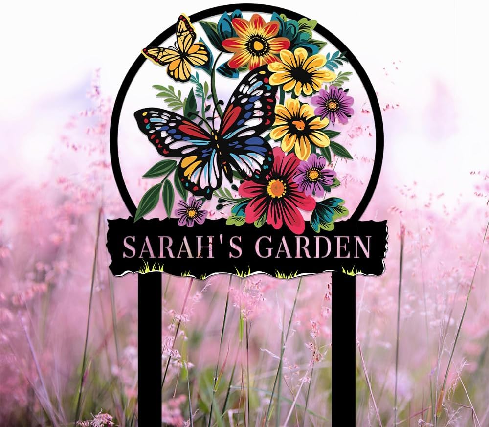 Personalized Butterfly Metal Sign with Stake,Custom Gardener Family Name Signs Outdoor Decorate,Customized Garden Accessories Decor for Mother's Day,Sunflowers Plaques for Patio Lawn Porch Backyard