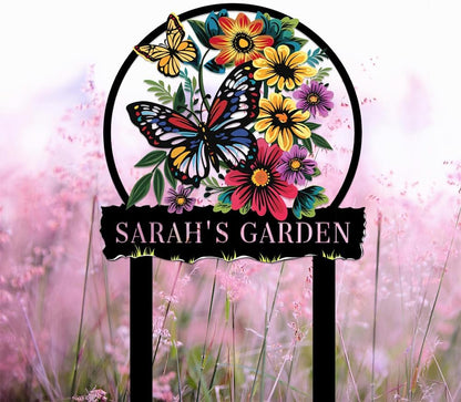 Personalized Butterfly Metal Sign with Stake,Custom Gardener Family Name Signs Outdoor Decorate,Customized Garden Accessories Decor for Mother's Day,Sunflowers Plaques for Patio Lawn Porch Backyard